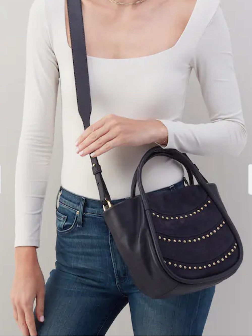 HOBO navy Margot Suede and Leather Studded Hobo Bag - Picture 7 of 7
